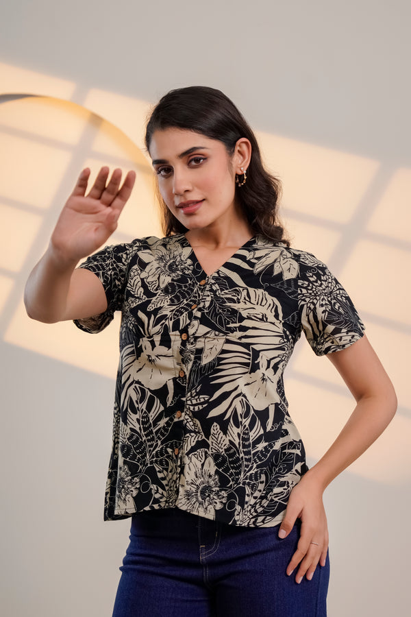 Black Floral Printed V-Neck Top