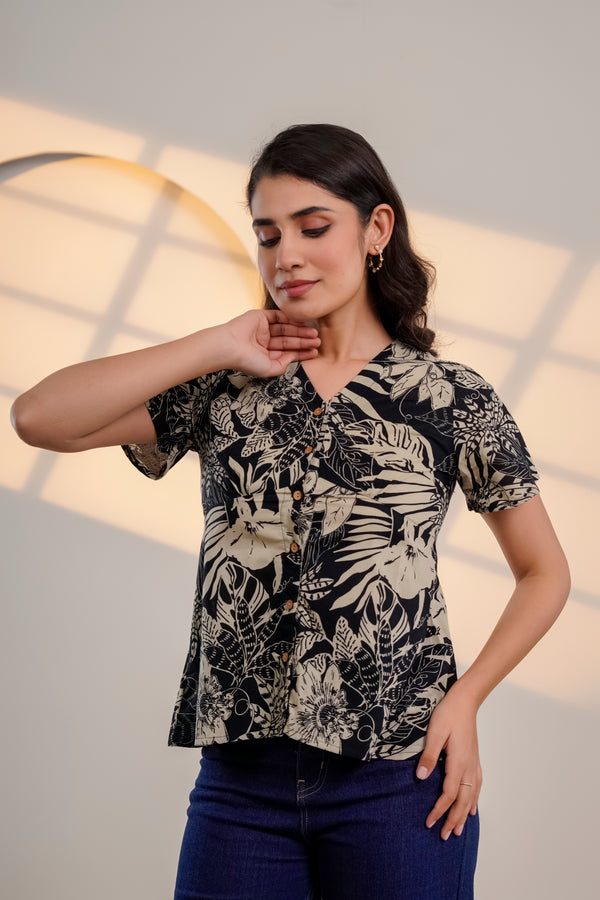 Black Floral Printed V-Neck Top