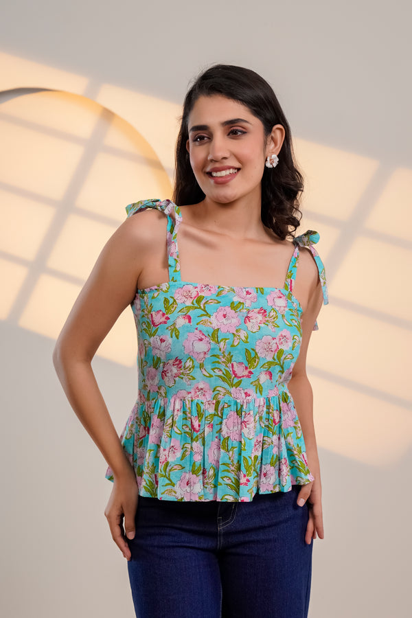 Blue Floral Tie-Shoulder Top