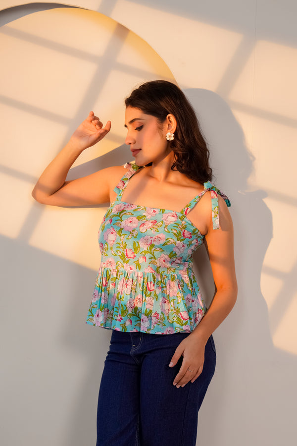 Blue Floral Tie-Shoulder Top