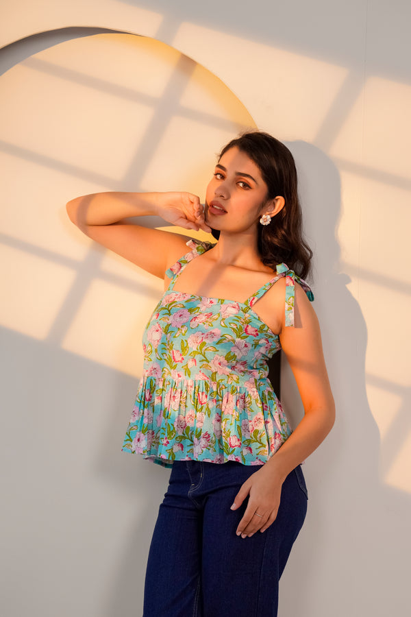 Blue Floral Tie-Shoulder Top