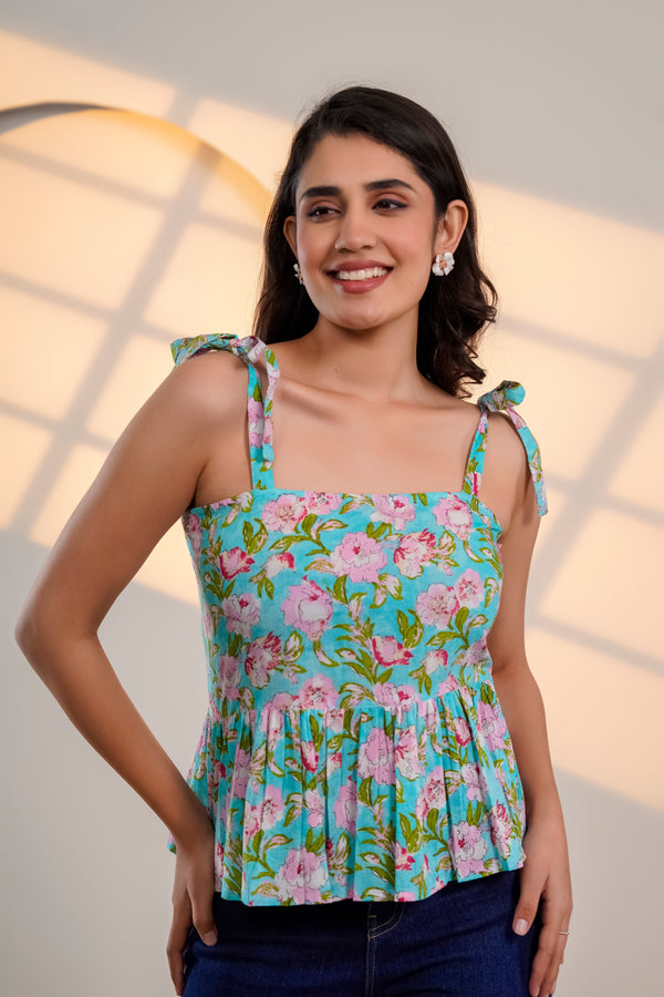 Blue Floral Tie-Shoulder Top