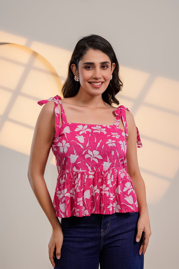 Pink Floral Tie-Up Peplum Top