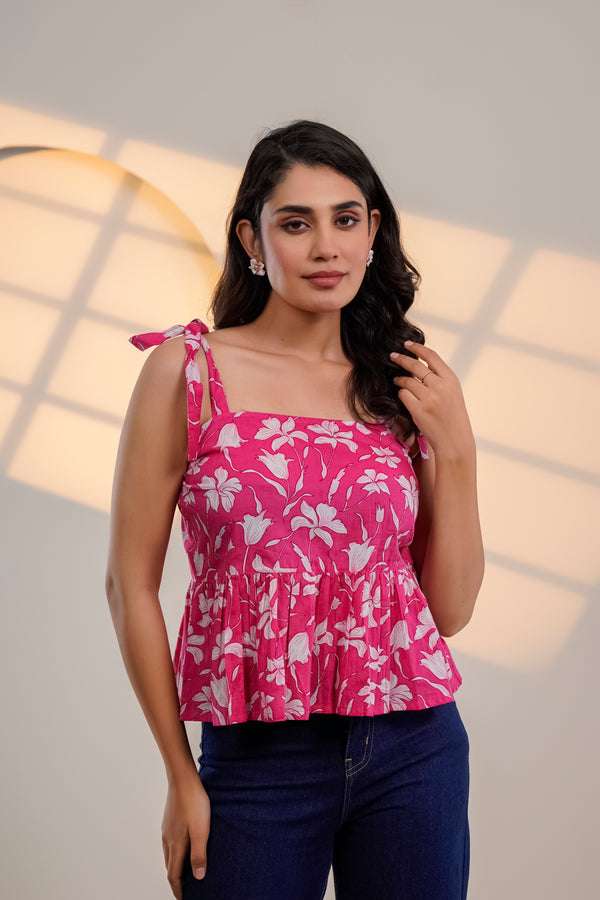 Pink Floral Tie-Up Peplum Top