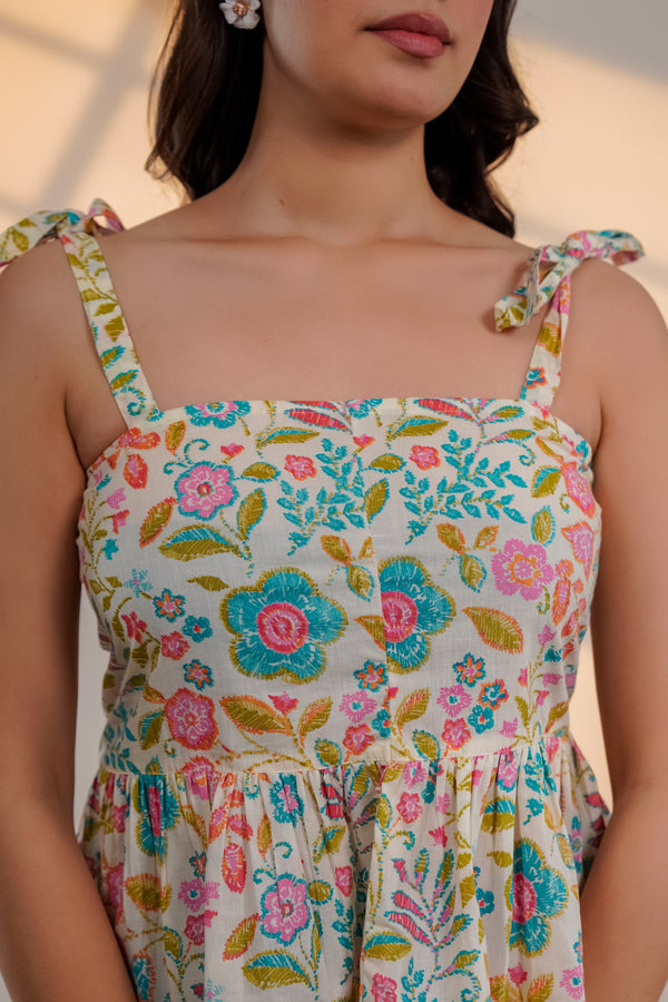 Cream Floral Tie-Up Peplum Top