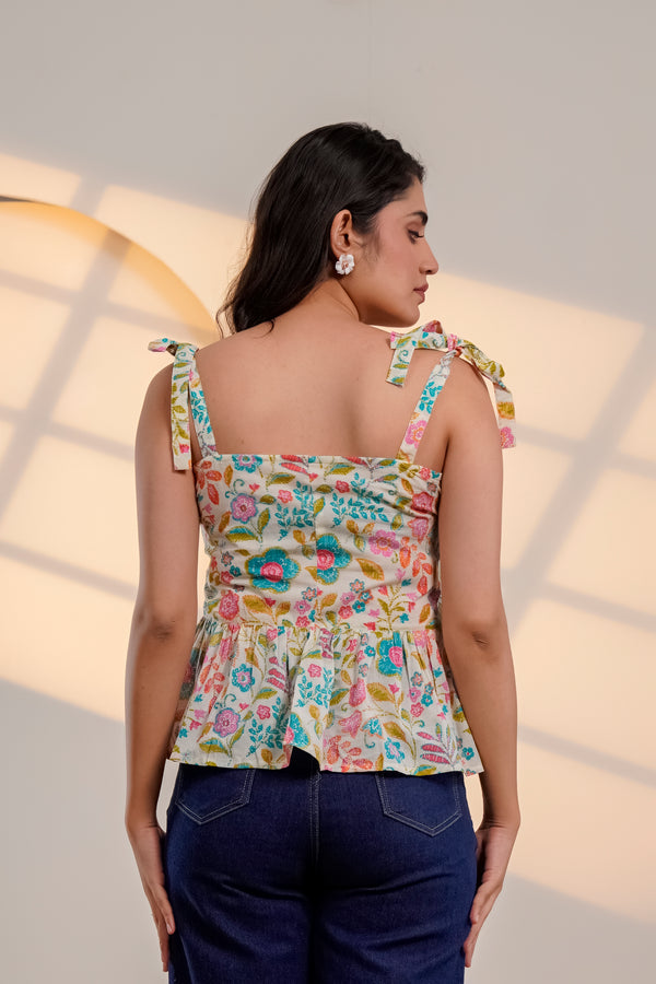 Cream Floral Tie-Up Peplum Top