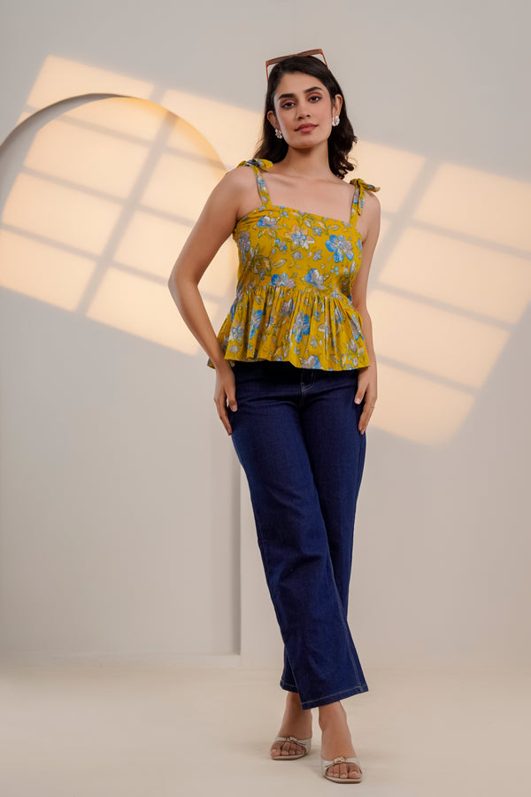 Mustard Floral Tie-Up Peplum Top