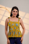 Mustard Floral Tie-Up Peplum Top