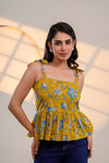 Mustard Floral Tie-Up Peplum Top