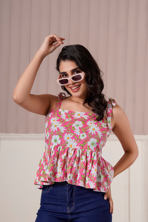 Pink Daisy Tie-Up Peplum Top
