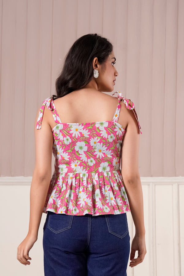 Pink Daisy Tie-Up Peplum Top