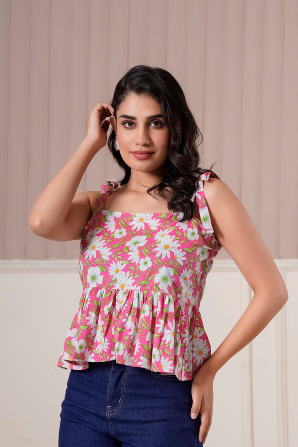 Pink Daisy Tie-Up Peplum Top