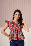 Beige Floral Flutter Sleeve Top