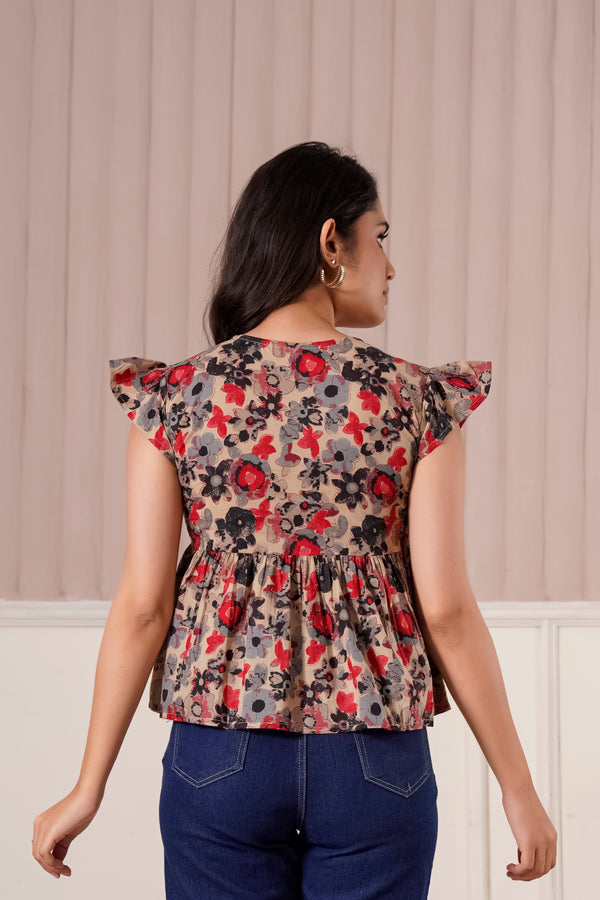 Beige Floral Flutter Sleeve Top