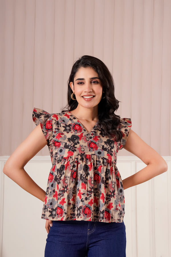 Beige Floral Flutter Sleeve Top