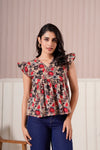 Beige Floral Flutter Sleeve Top