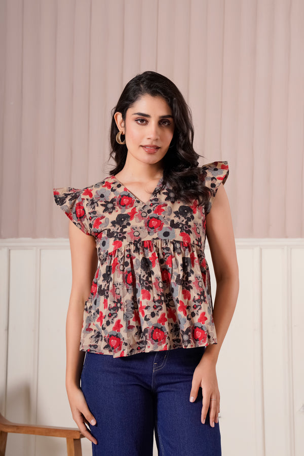Beige Floral Flutter Sleeve Top