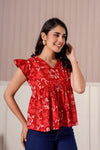 Red Floral Flutter Sleeve Top