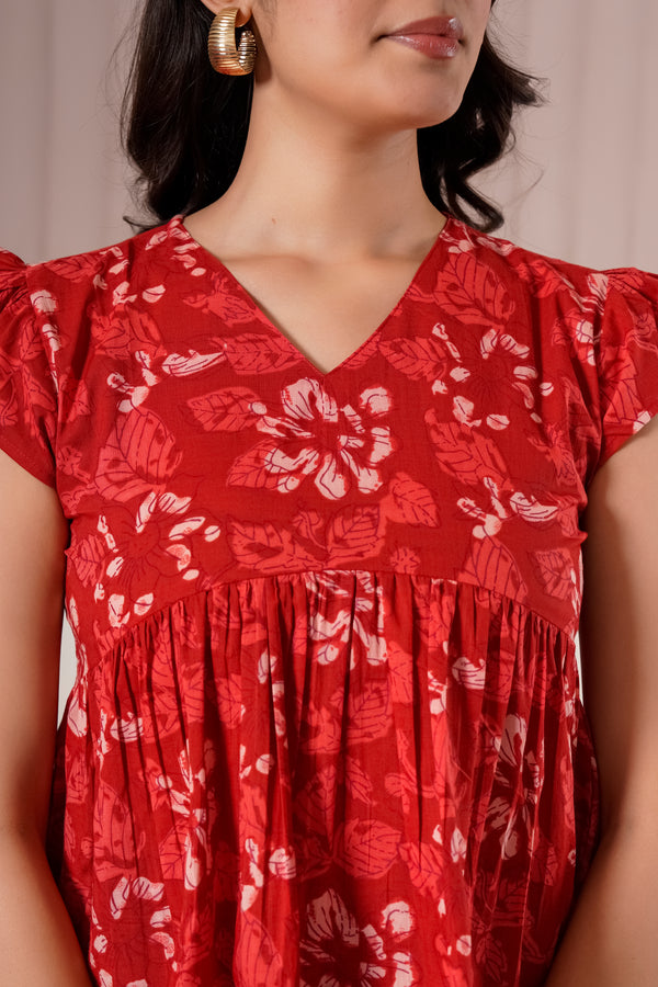 Red Floral Flutter Sleeve Top
