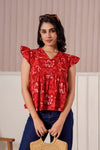 Red Floral Flutter Sleeve Top