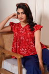 Red Floral Flutter Sleeve Top