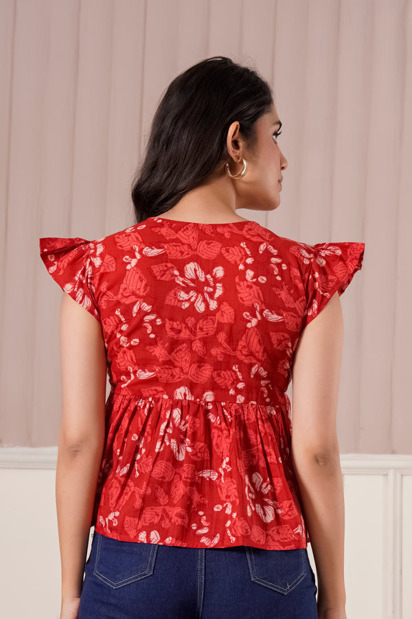 Red Floral Flutter Sleeve Top