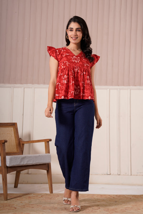 Red Floral Flutter Sleeve Top