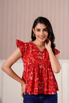 Red Floral Flutter Sleeve Top