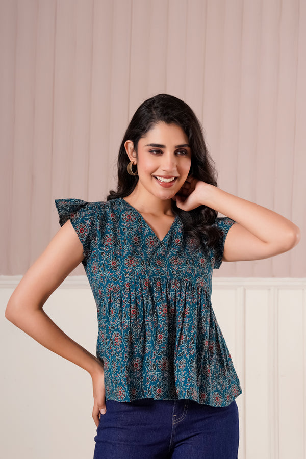 Teal Printed Flutter Sleeve Top