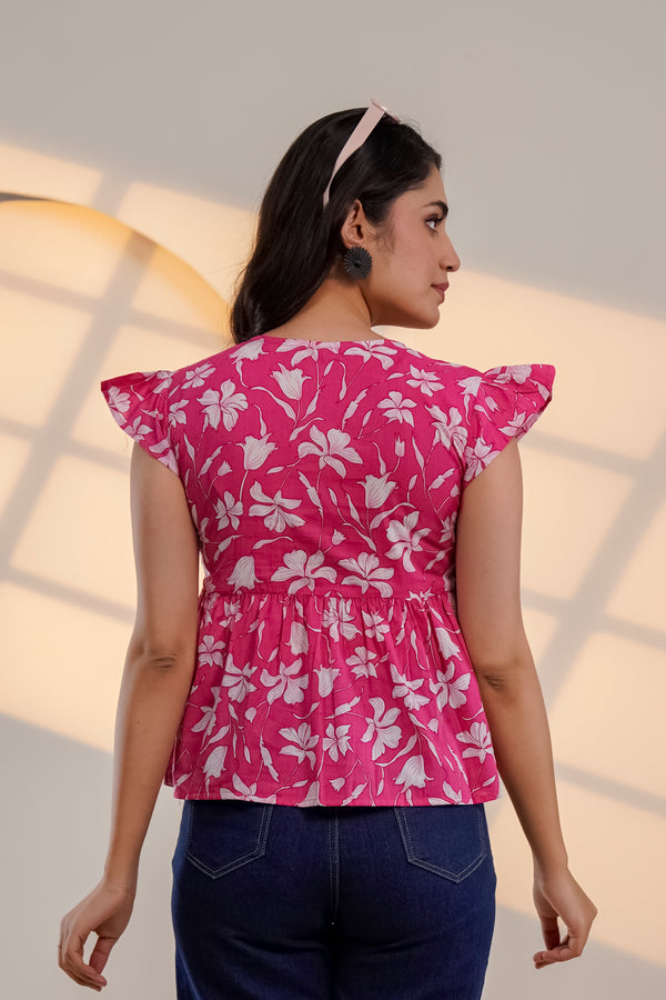 Pink Floral Flutter Sleeve Top