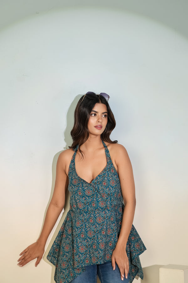 Teal Printed Halter Neck Top