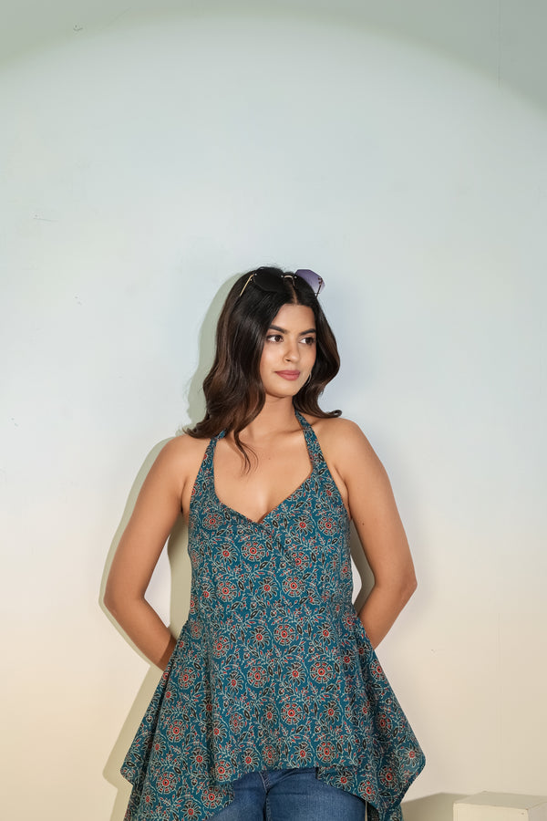 Teal Printed Halter Neck Top