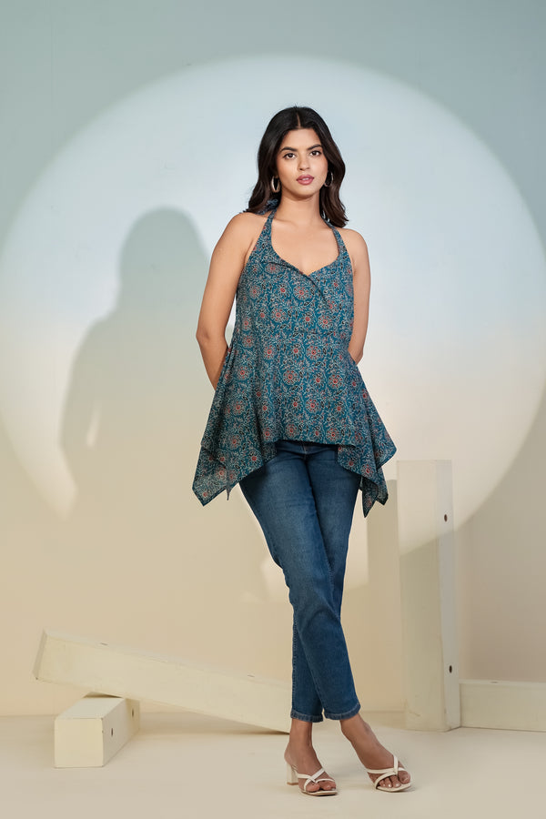 Teal Printed Halter Neck Top