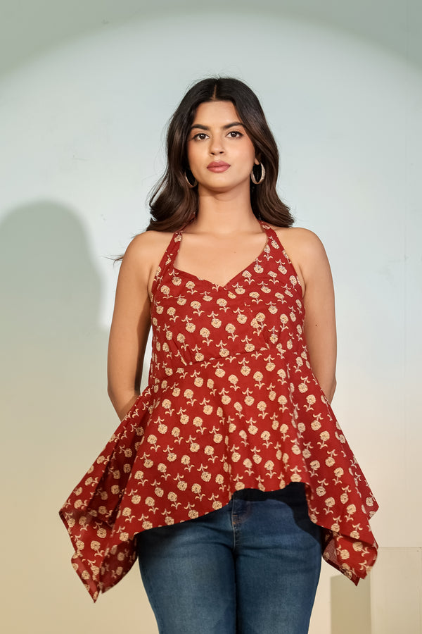 Maroon Printed Halter Neck Top