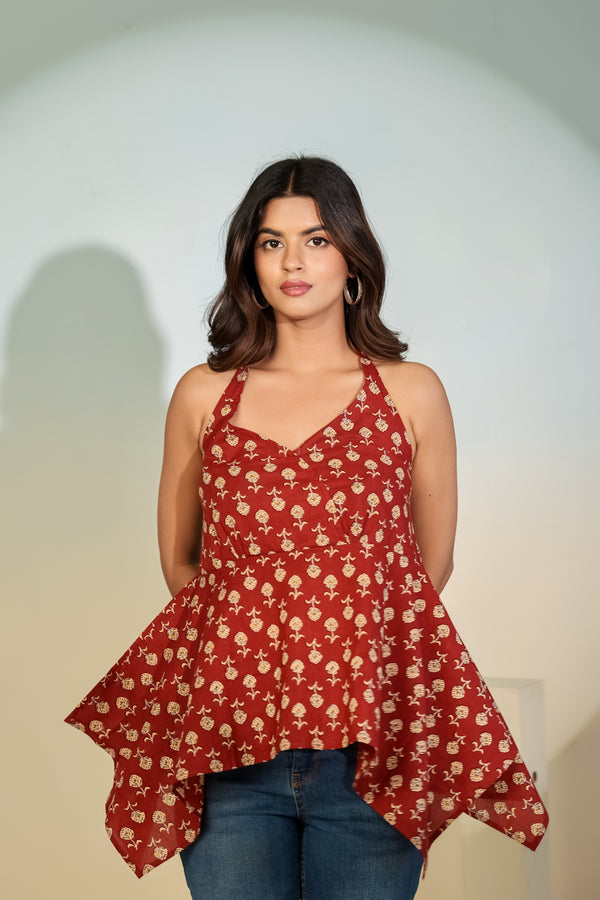 Maroon Printed Halter Neck Top