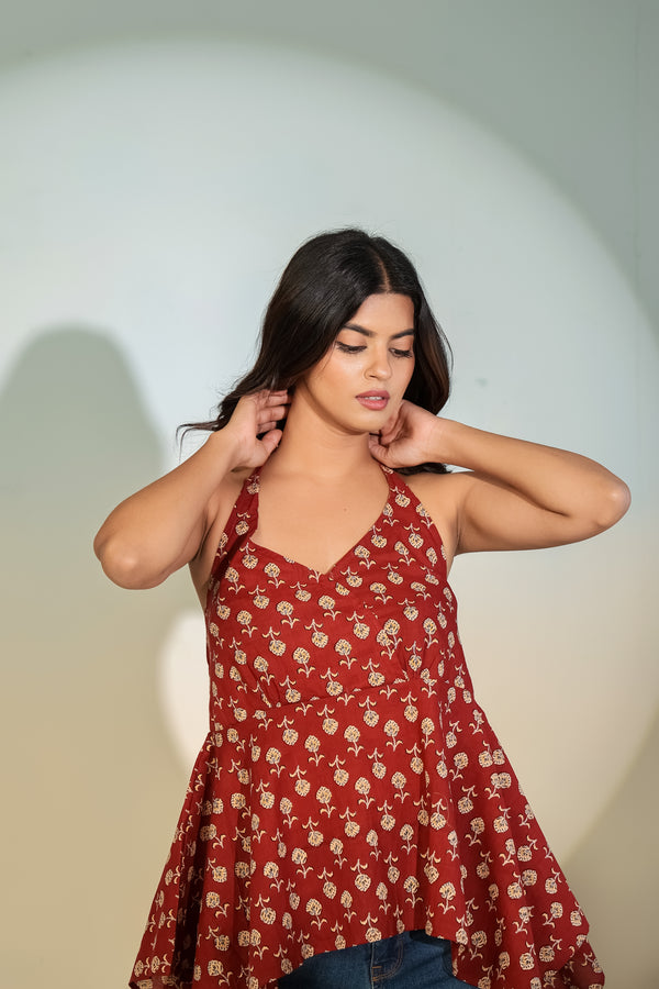 Maroon Printed Halter Neck Top