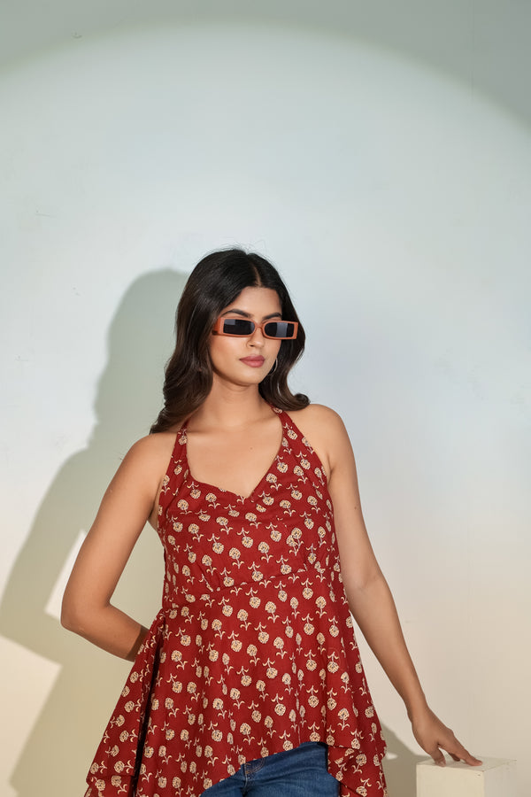 Maroon Printed Halter Neck Top