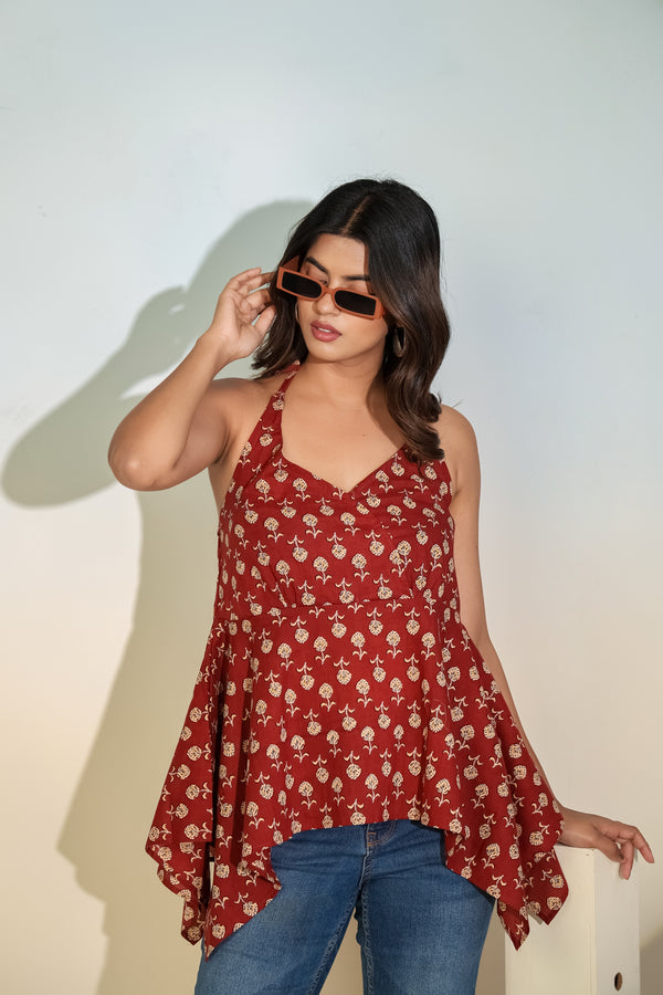 Maroon Printed Halter Neck Top