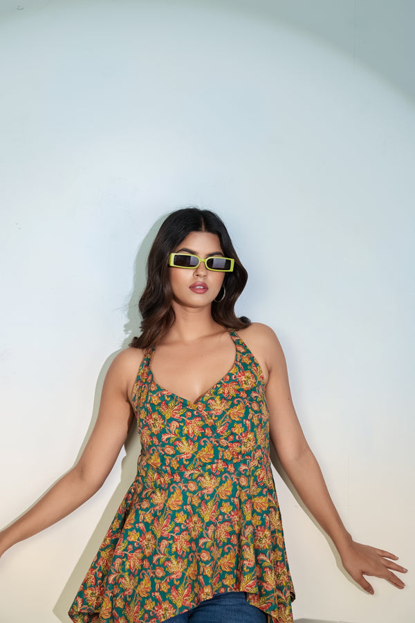 Teal Floral Halter Neck Top