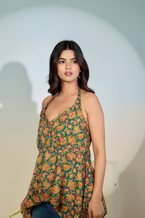 Teal Floral Halter Neck Top