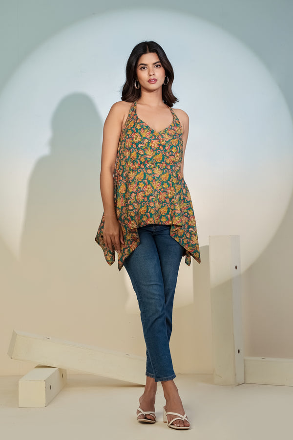 Teal Floral Halter Neck Top