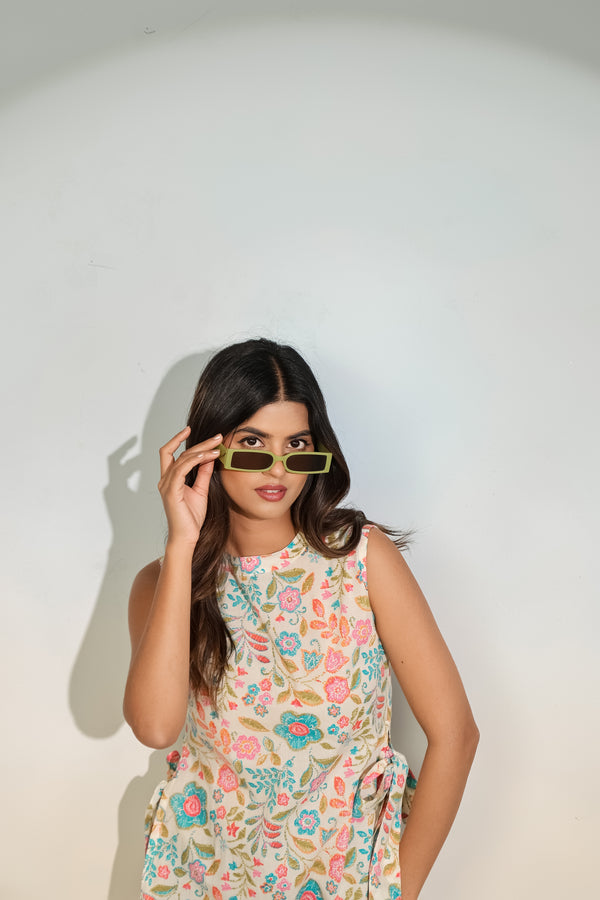 Beige Floral Sleeveless Tie-Up Top