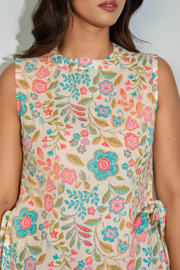 Beige Floral Sleeveless Tie-Up Top