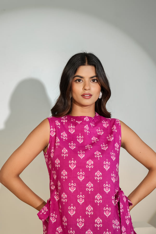 Magenta Printed Sleeveless Tie-Up Top