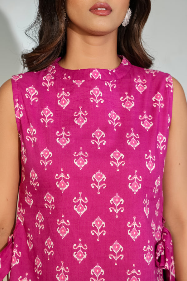 Magenta Printed Sleeveless Tie-Up Top