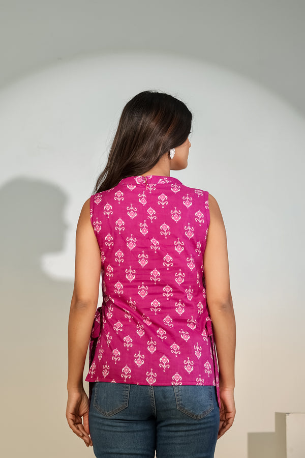 Magenta Printed Sleeveless Tie-Up Top