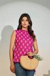 Magenta Printed Sleeveless Tie-Up Top