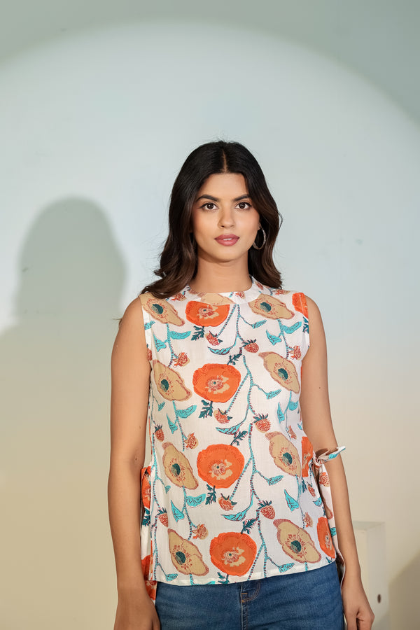 Beige Floral Sleeveless Tie-Up Top