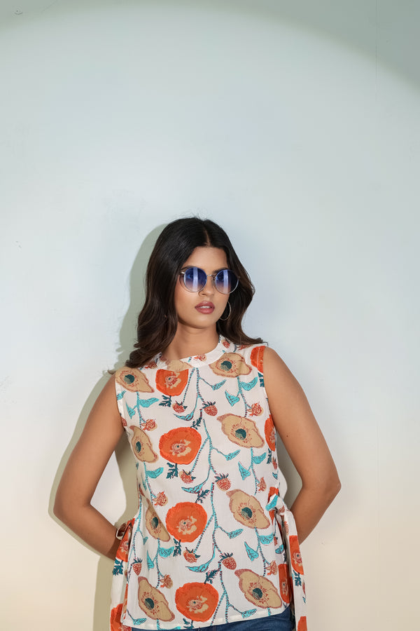 Beige Floral Sleeveless Tie-Up Top