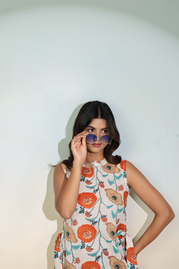 Beige Floral Sleeveless Tie-Up Top